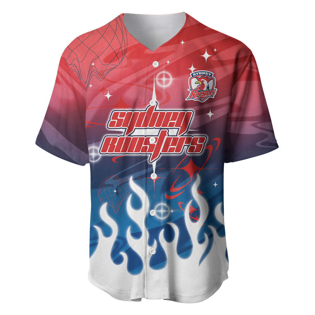 Personalized Sydney Roosters Baseball Jersey Y2K Grunge Aesthetic With Cyber Flames and Starburst Graphics