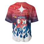 Personalized Sydney Roosters Baseball Jersey Y2K Grunge Aesthetic With Cyber Flames and Starburst Graphics