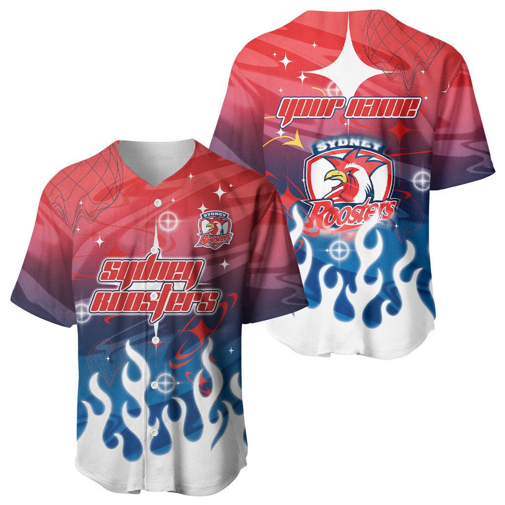 Personalized Sydney Roosters Baseball Jersey Y2K Grunge Aesthetic With Cyber Flames and Starburst Graphics
