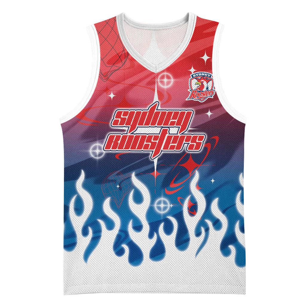 Personalized Sydney Roosters Basketball Jersey Y2K Grunge Aesthetic With Cyber Flames and Starburst Graphics