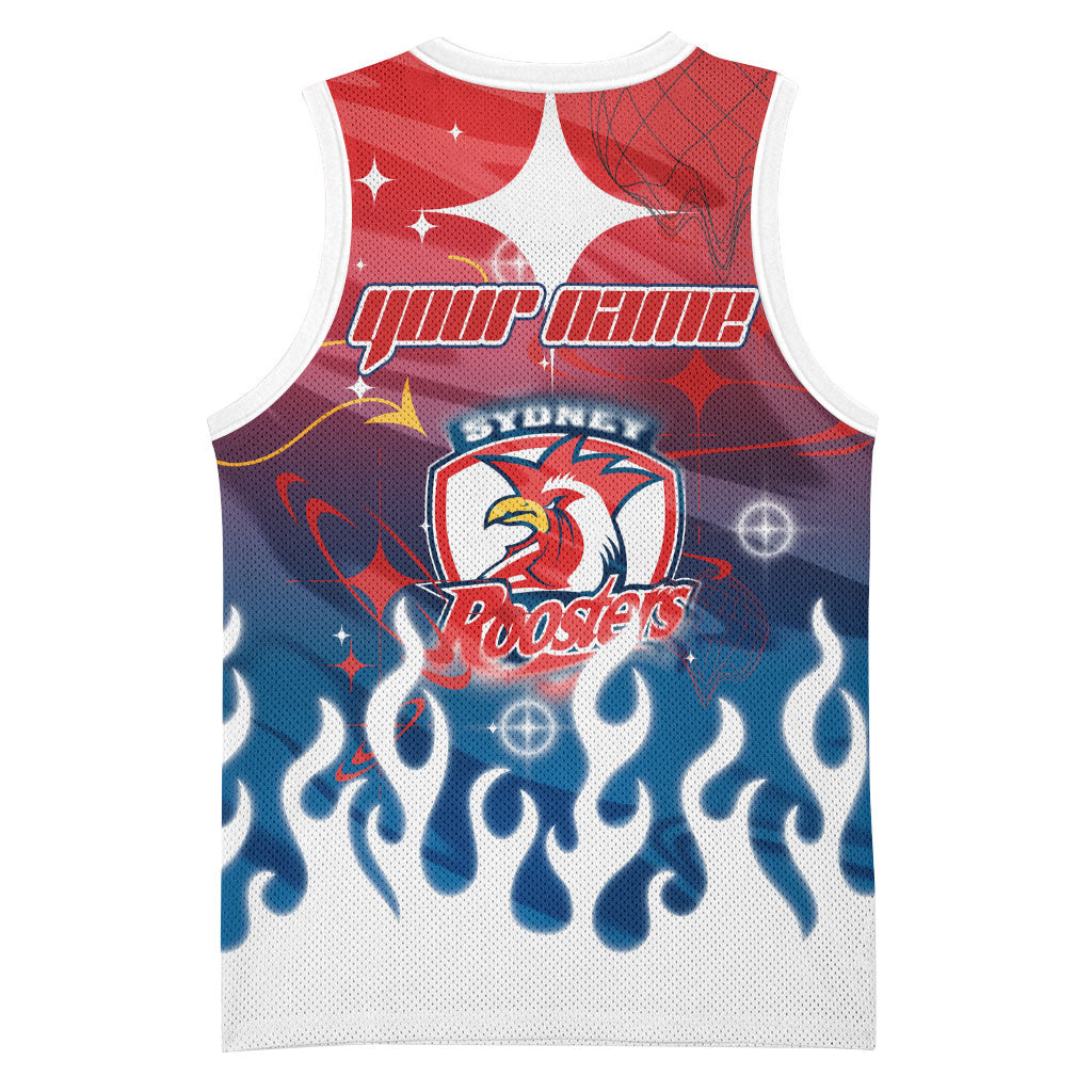 Personalized Sydney Roosters Basketball Jersey Y2K Grunge Aesthetic With Cyber Flames and Starburst Graphics