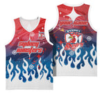 Personalized Sydney Roosters Basketball Jersey Y2K Grunge Aesthetic With Cyber Flames and Starburst Graphics