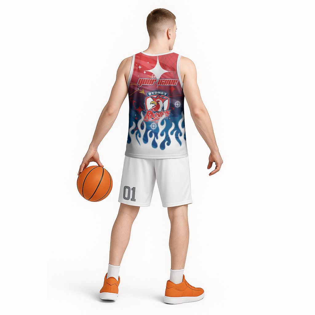 Personalized Sydney Roosters Basketball Jersey Y2K Grunge Aesthetic With Cyber Flames and Starburst Graphics