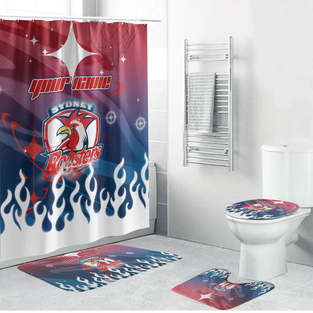 Personalized Sydney Roosters Bathroom Set Y2K Grunge Aesthetic With Cyber Flames and Starburst Graphics