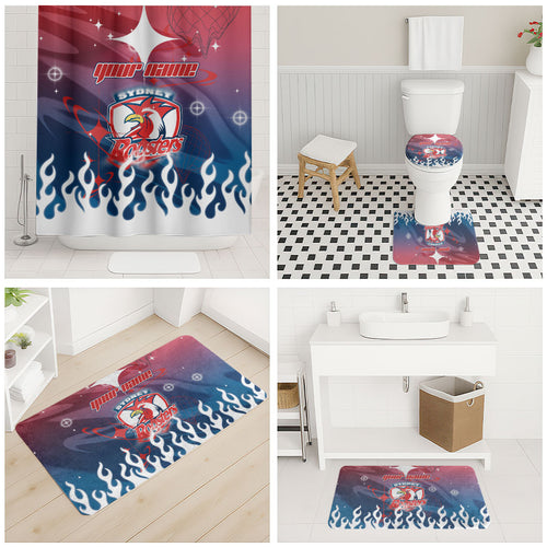 Personalized Sydney Roosters Bathroom Set Y2K Grunge Aesthetic With Cyber Flames and Starburst Graphics