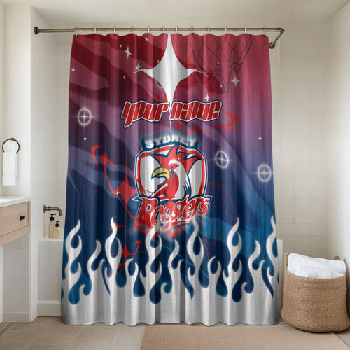 Personalized Sydney Roosters Bathroom Set Y2K Grunge Aesthetic With Cyber Flames and Starburst Graphics