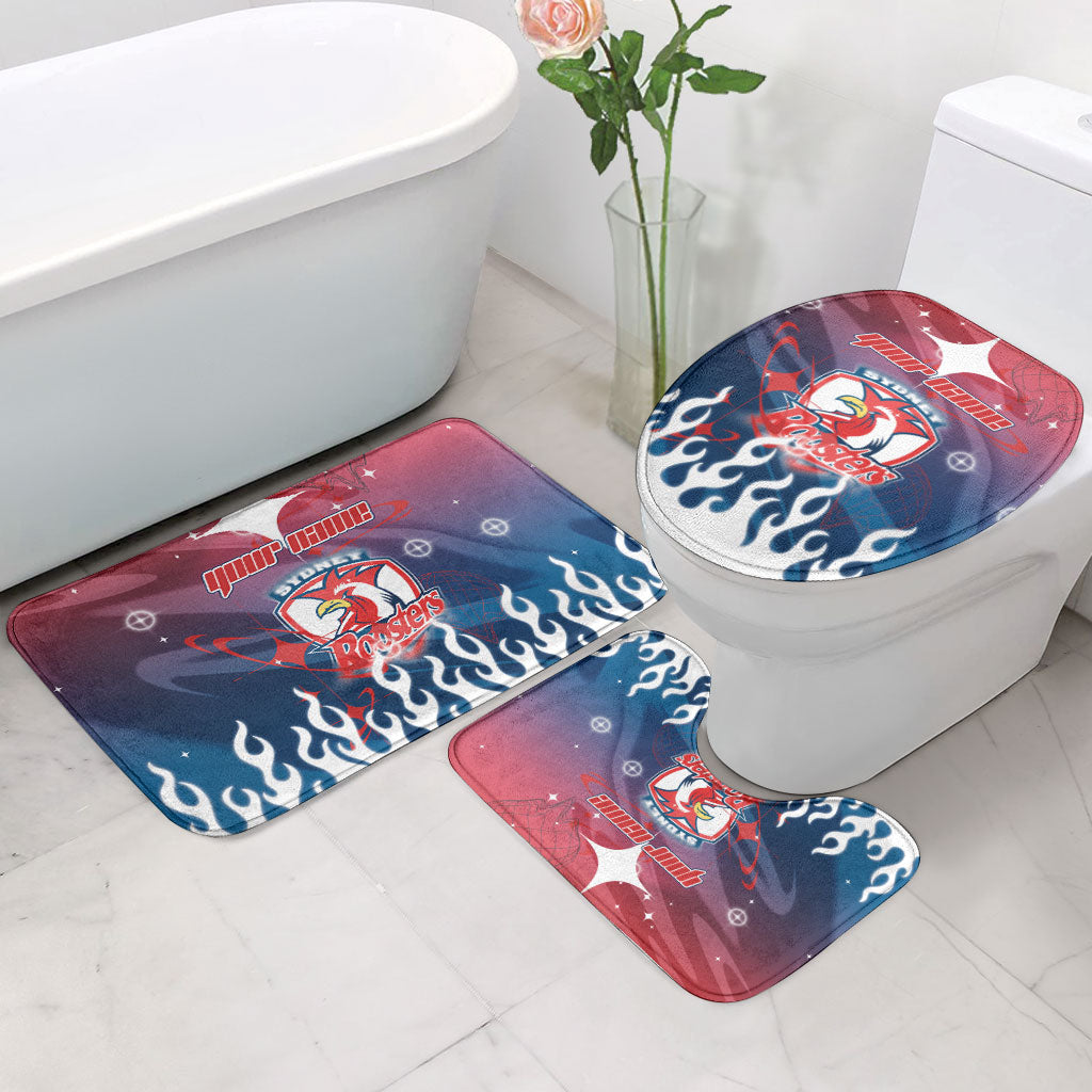 Personalized Sydney Roosters Bathroom Set Y2K Grunge Aesthetic With Cyber Flames and Starburst Graphics
