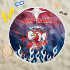 Personalized Sydney Roosters Beach Blanket Y2K Grunge Aesthetic With Cyber Flames and Starburst Graphics