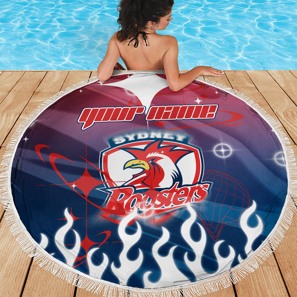 Personalized Sydney Roosters Beach Blanket Y2K Grunge Aesthetic With Cyber Flames and Starburst Graphics