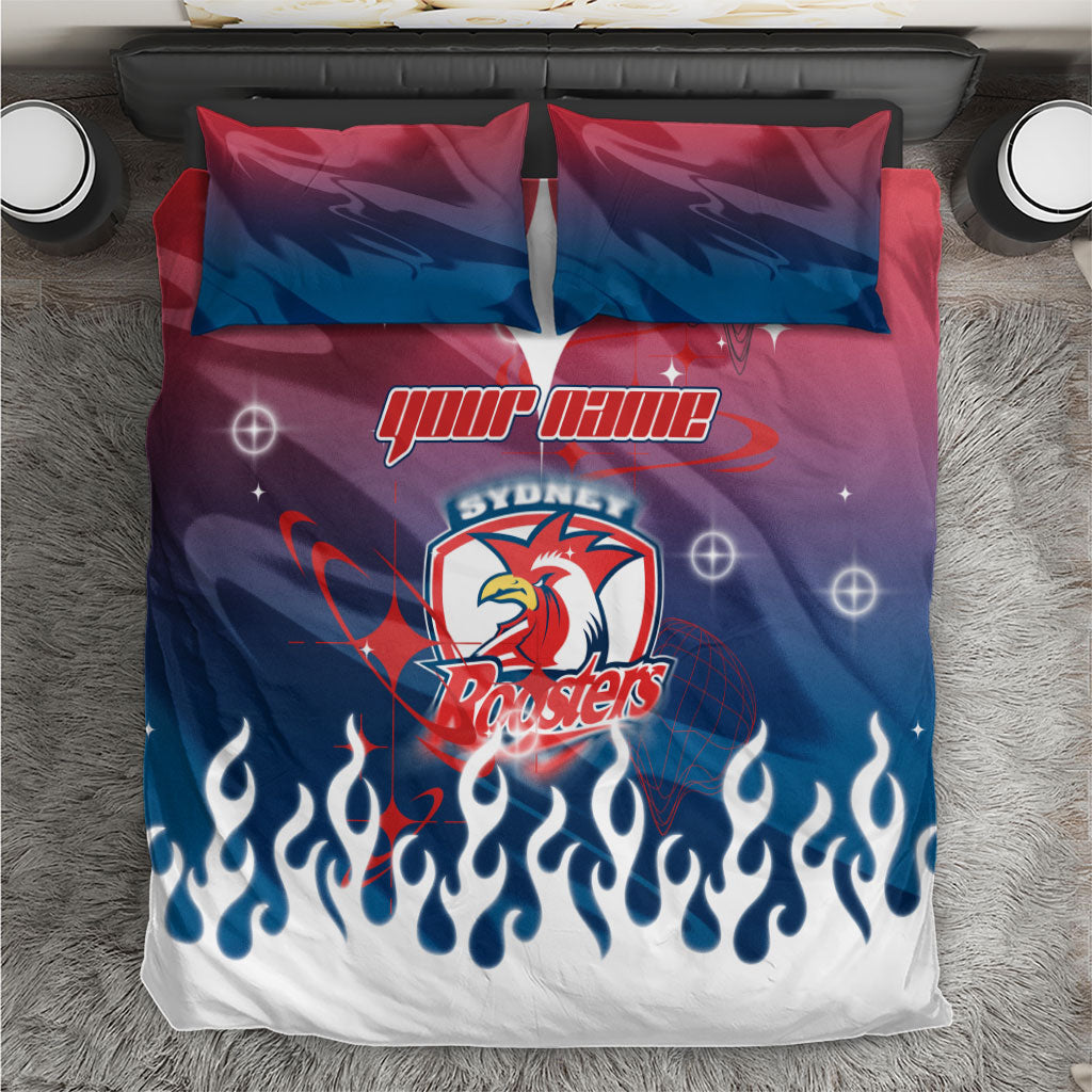 Personalized Sydney Roosters Bedding Set Y2K Grunge Aesthetic With Cyber Flames and Starburst Graphics