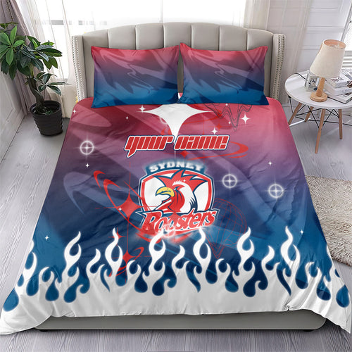 Personalized Sydney Roosters Bedding Set Y2K Grunge Aesthetic With Cyber Flames and Starburst Graphics