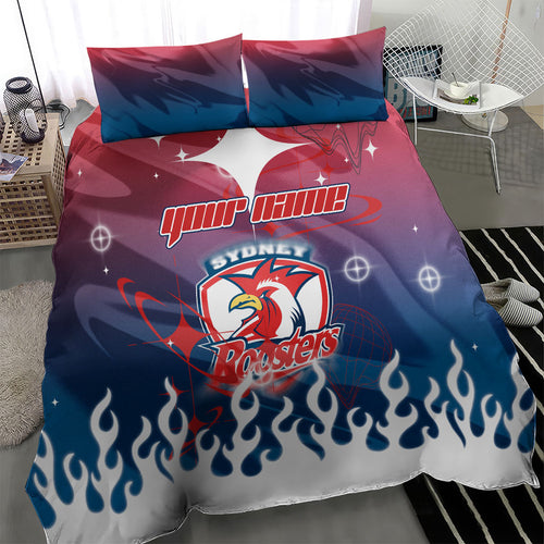 Personalized Sydney Roosters Bedding Set Y2K Grunge Aesthetic With Cyber Flames and Starburst Graphics