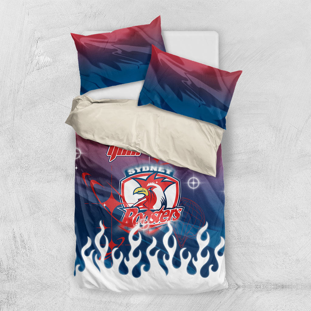 Personalized Sydney Roosters Bedding Set Y2K Grunge Aesthetic With Cyber Flames and Starburst Graphics