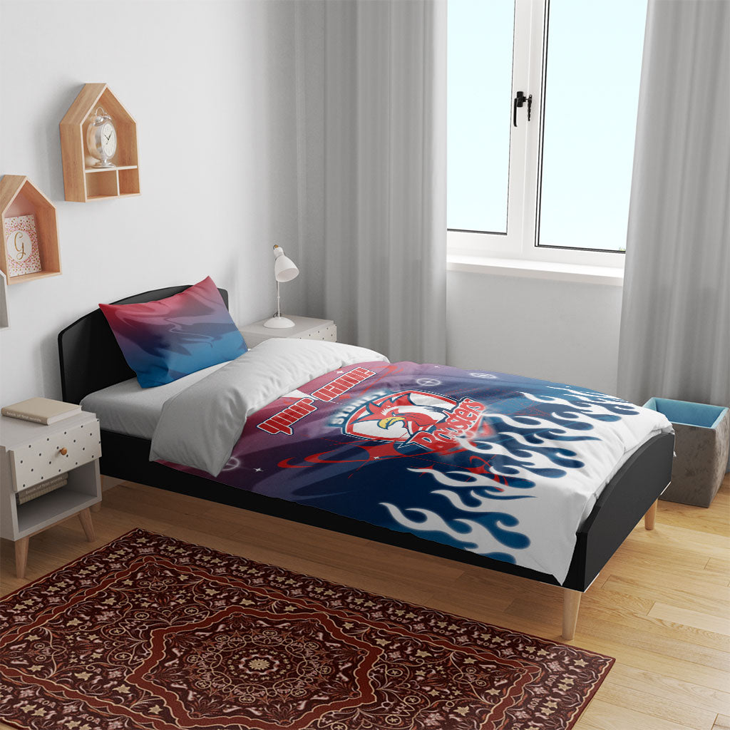 Personalized Sydney Roosters Bedding Set Y2K Grunge Aesthetic With Cyber Flames and Starburst Graphics
