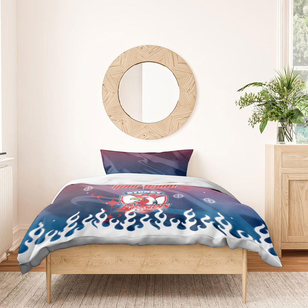 Personalized Sydney Roosters Bedding Set Y2K Grunge Aesthetic With Cyber Flames and Starburst Graphics
