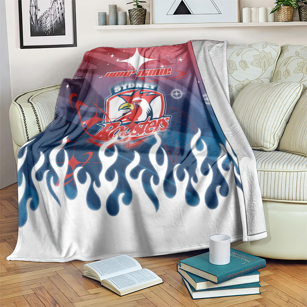 Personalized Sydney Roosters Blanket Y2K Grunge Aesthetic With Cyber Flames and Starburst Graphics