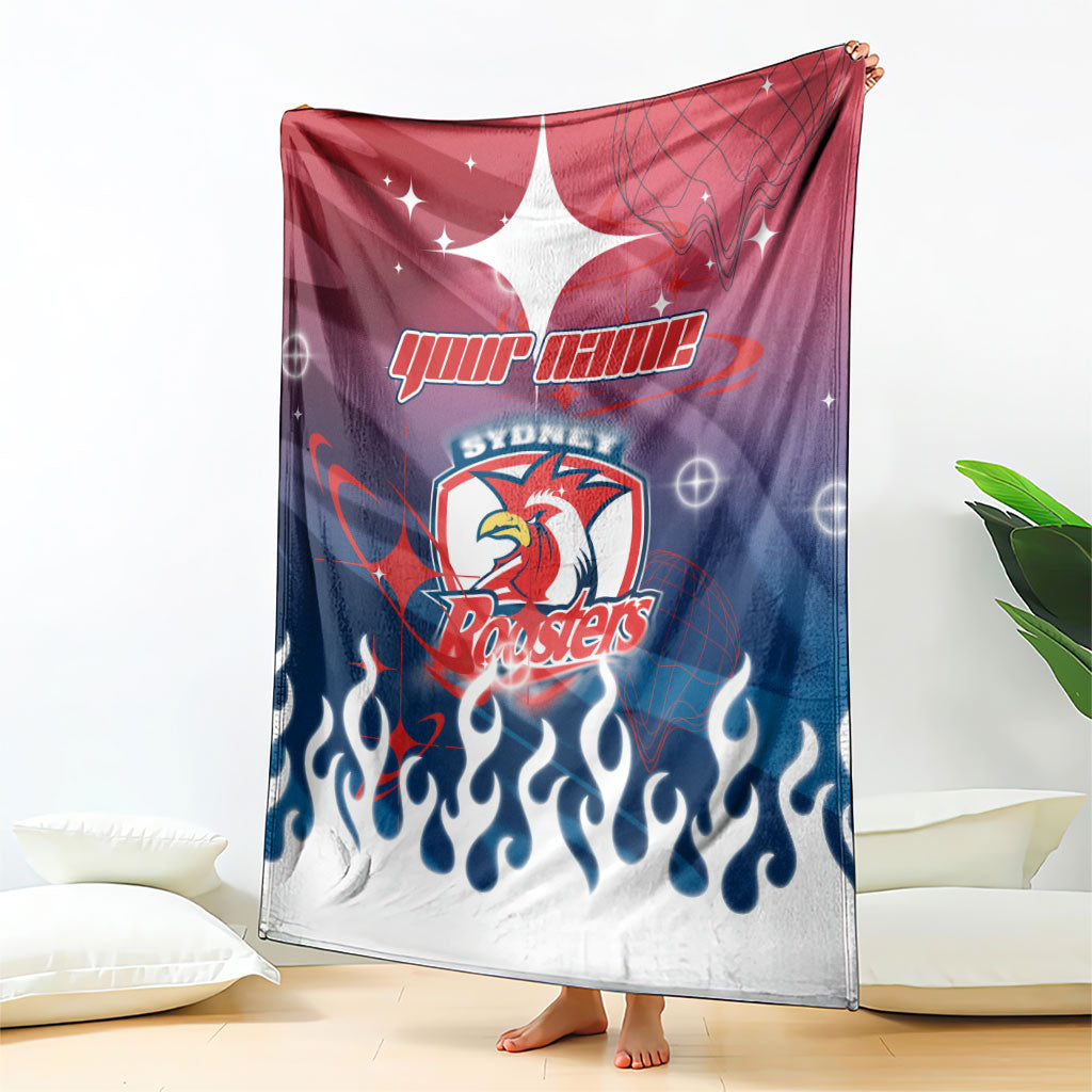 Personalized Sydney Roosters Blanket Y2K Grunge Aesthetic With Cyber Flames and Starburst Graphics