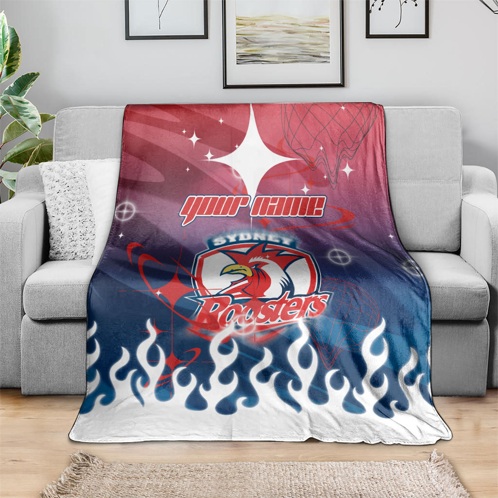 Personalized Sydney Roosters Blanket Y2K Grunge Aesthetic With Cyber Flames and Starburst Graphics