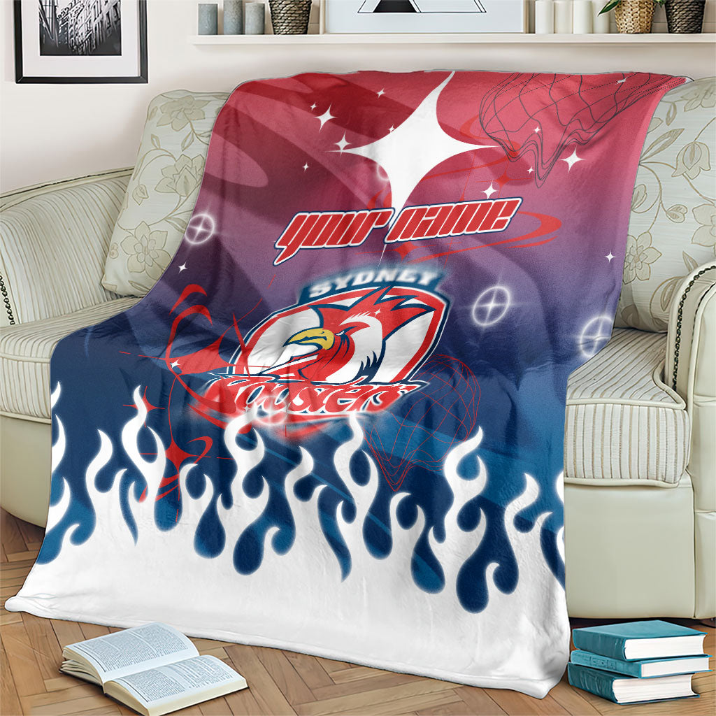 Personalized Sydney Roosters Blanket Y2K Grunge Aesthetic With Cyber Flames and Starburst Graphics