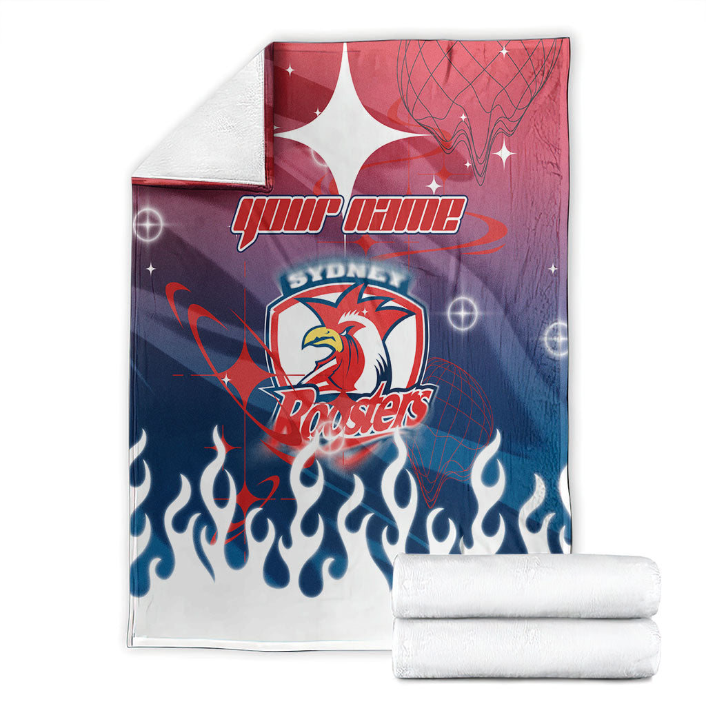 Personalized Sydney Roosters Blanket Y2K Grunge Aesthetic With Cyber Flames and Starburst Graphics