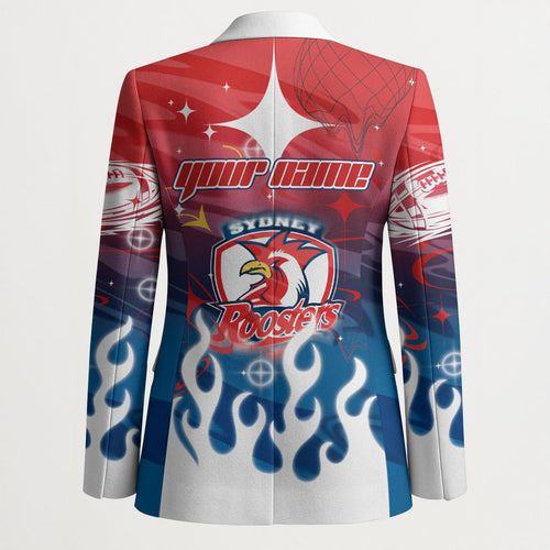 Personalized Sydney Roosters Blazer Y2K Grunge Aesthetic With Cyber Flames and Starburst Graphics
