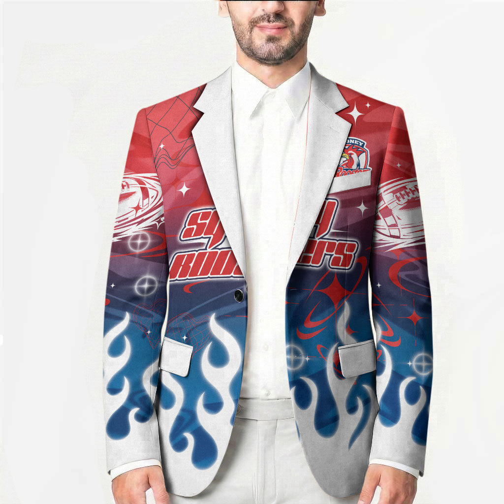Personalized Sydney Roosters Blazer Y2K Grunge Aesthetic With Cyber Flames and Starburst Graphics