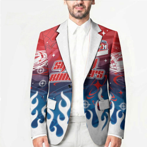 Personalized Sydney Roosters Blazer Y2K Grunge Aesthetic With Cyber Flames and Starburst Graphics