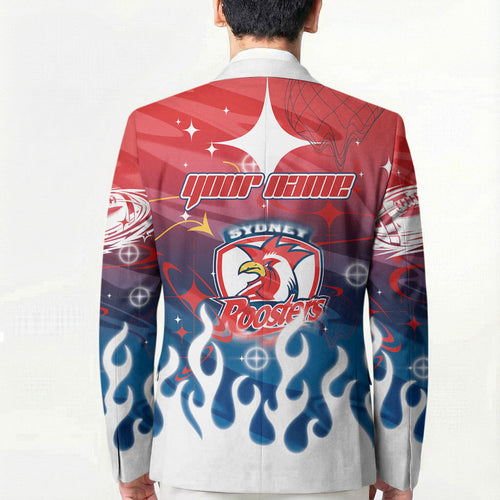 Personalized Sydney Roosters Blazer Y2K Grunge Aesthetic With Cyber Flames and Starburst Graphics