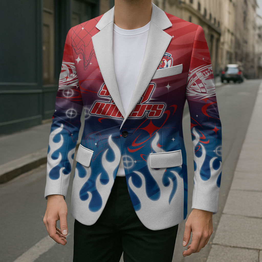 Personalized Sydney Roosters Blazer Y2K Grunge Aesthetic With Cyber Flames and Starburst Graphics