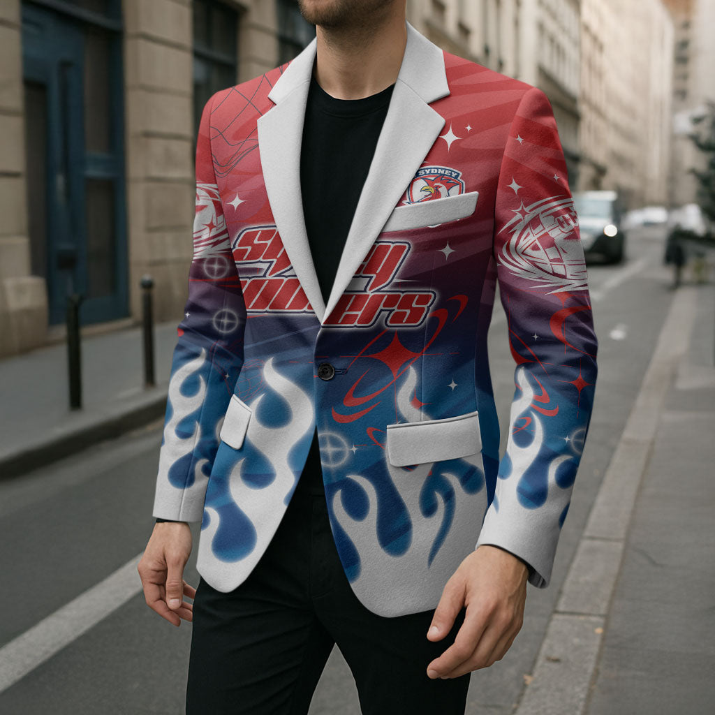 Personalized Sydney Roosters Blazer Y2K Grunge Aesthetic With Cyber Flames and Starburst Graphics