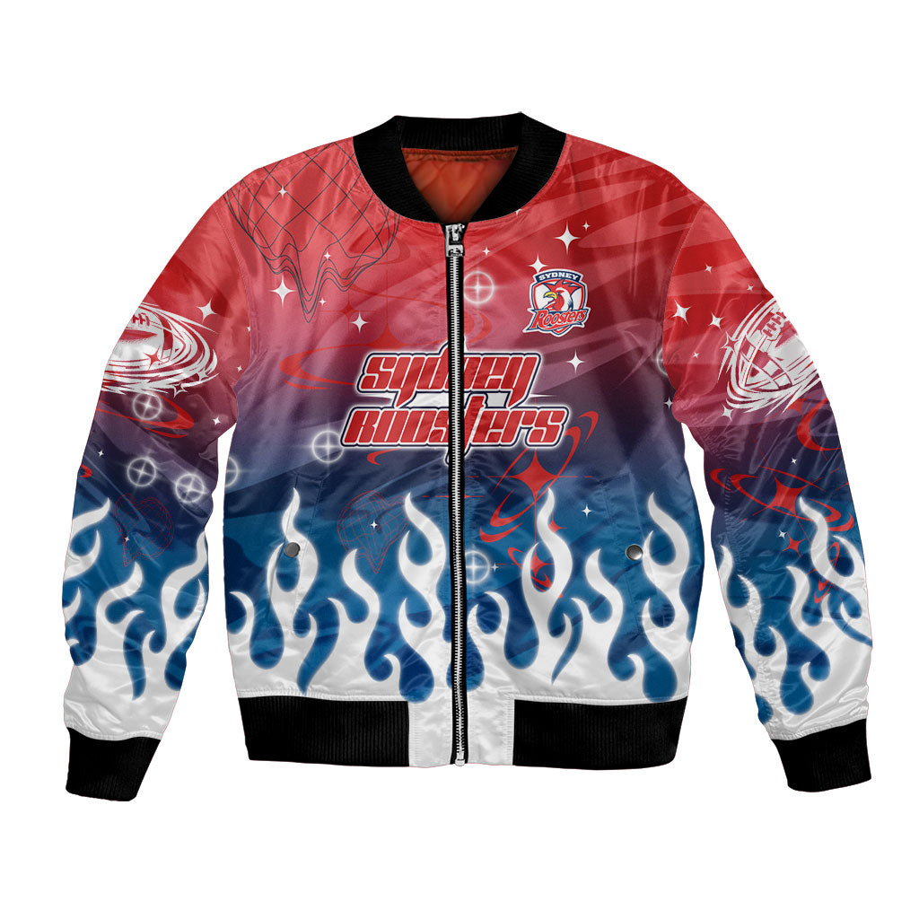 Personalized Sydney Roosters Bomber Jacket Y2K Grunge Aesthetic With Cyber Flames and Starburst Graphics