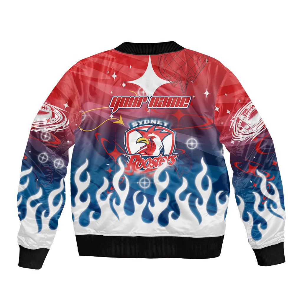 Personalized Sydney Roosters Bomber Jacket Y2K Grunge Aesthetic With Cyber Flames and Starburst Graphics