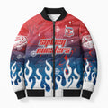 Personalized Sydney Roosters Bomber Puffer Jacket Y2K Grunge Aesthetic With Cyber Flames and Starburst Graphics