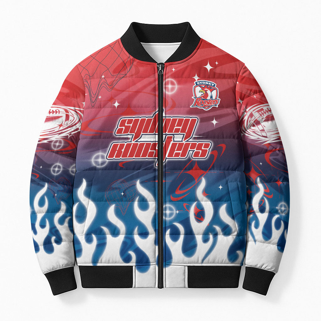 Personalized Sydney Roosters Bomber Puffer Jacket Y2K Grunge Aesthetic With Cyber Flames and Starburst Graphics
