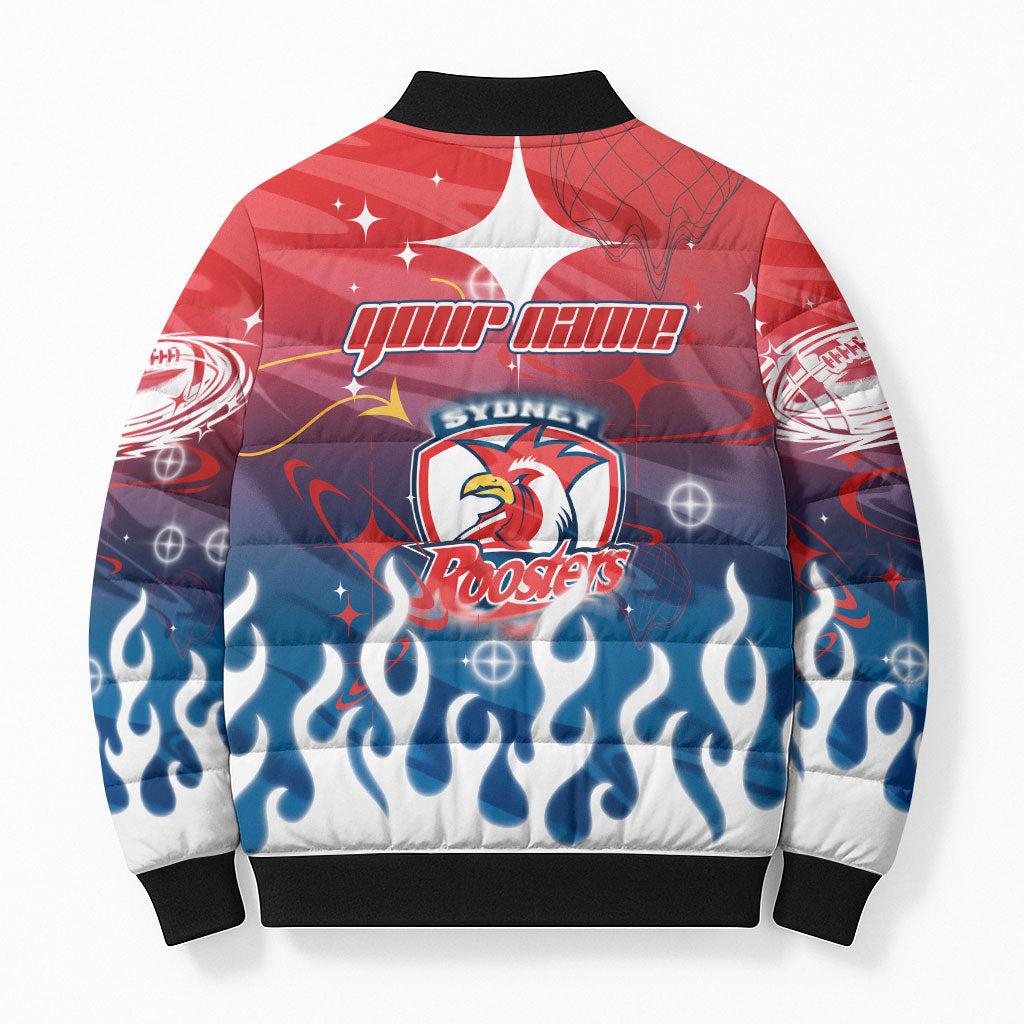 Personalized Sydney Roosters Bomber Puffer Jacket Y2K Grunge Aesthetic With Cyber Flames and Starburst Graphics
