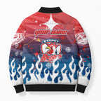 Personalized Sydney Roosters Bomber Puffer Jacket Y2K Grunge Aesthetic With Cyber Flames and Starburst Graphics