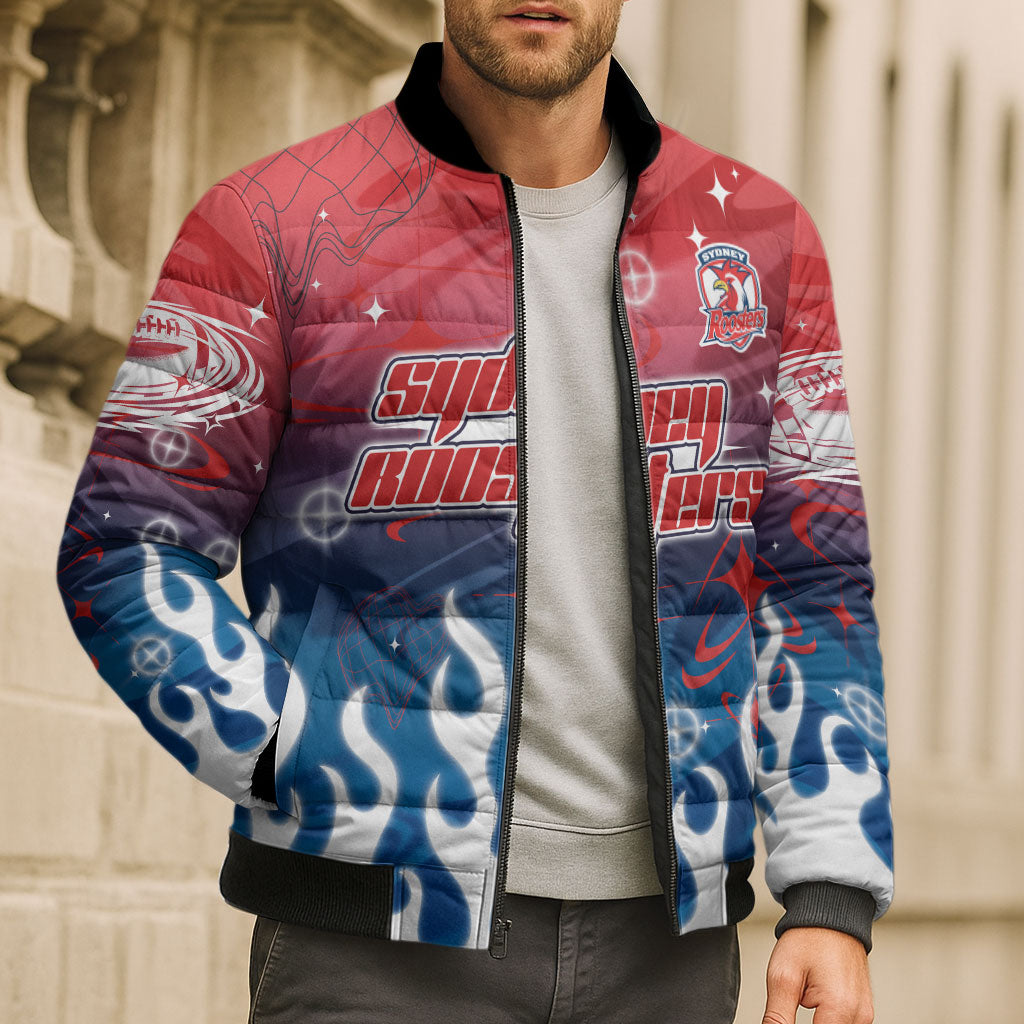 Personalized Sydney Roosters Bomber Puffer Jacket Y2K Grunge Aesthetic With Cyber Flames and Starburst Graphics