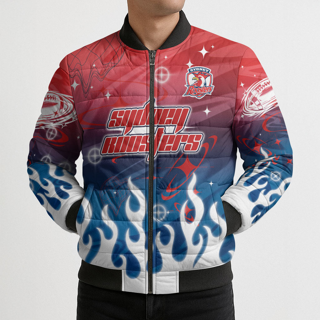 Personalized Sydney Roosters Bomber Puffer Jacket Y2K Grunge Aesthetic With Cyber Flames and Starburst Graphics