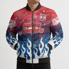 Personalized Sydney Roosters Bomber Puffer Jacket Y2K Grunge Aesthetic With Cyber Flames and Starburst Graphics
