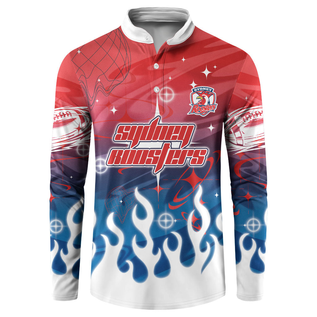 Personalized Sydney Roosters Button Sweatshirt Y2K Grunge Aesthetic With Cyber Flames and Starburst Graphics