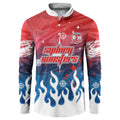 Personalized Sydney Roosters Button Sweatshirt Y2K Grunge Aesthetic With Cyber Flames and Starburst Graphics