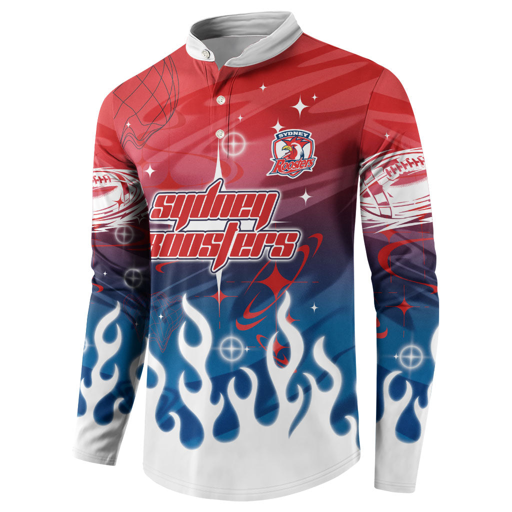 Personalized Sydney Roosters Button Sweatshirt Y2K Grunge Aesthetic With Cyber Flames and Starburst Graphics