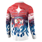 Personalized Sydney Roosters Button Sweatshirt Y2K Grunge Aesthetic With Cyber Flames and Starburst Graphics