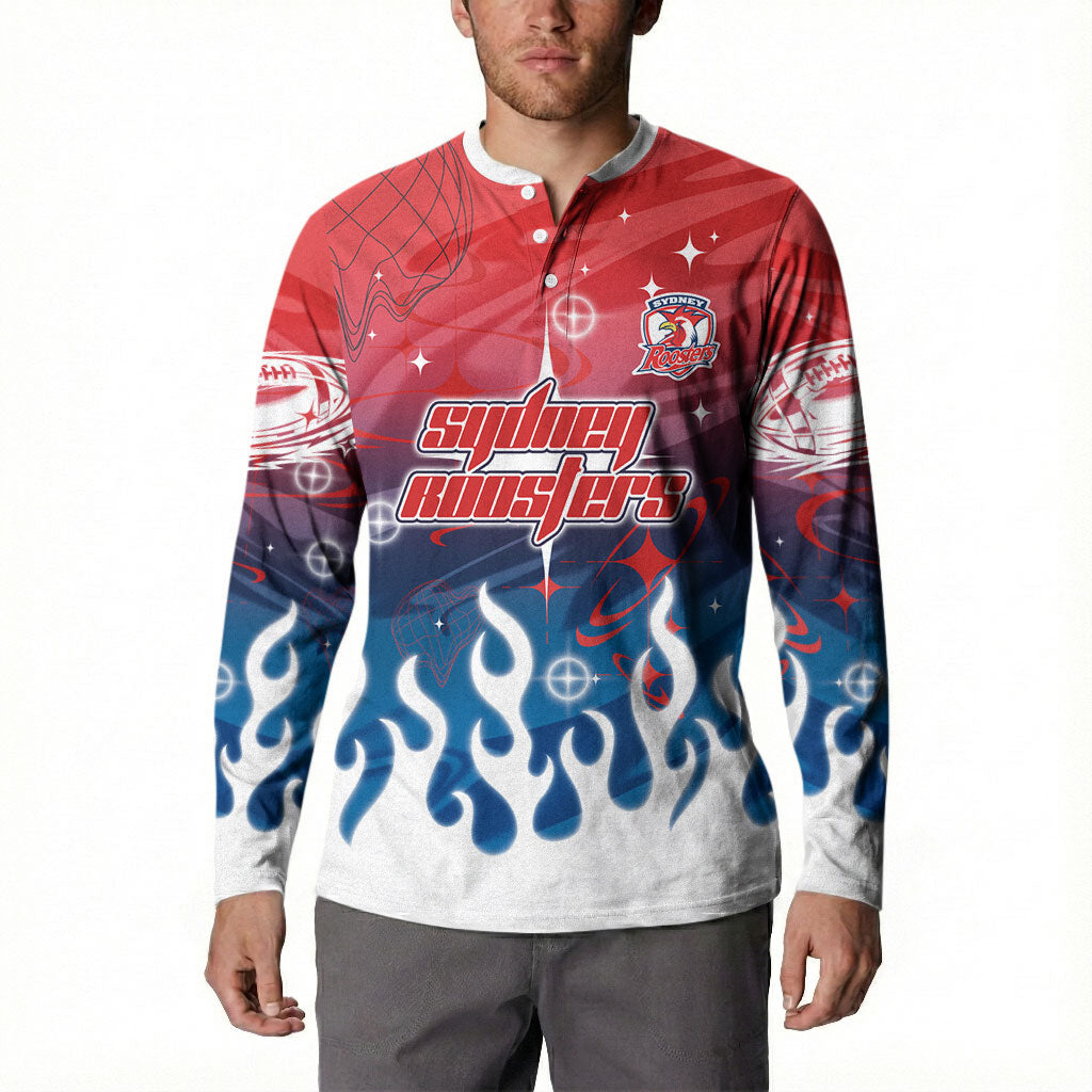 Personalized Sydney Roosters Button Sweatshirt Y2K Grunge Aesthetic With Cyber Flames and Starburst Graphics