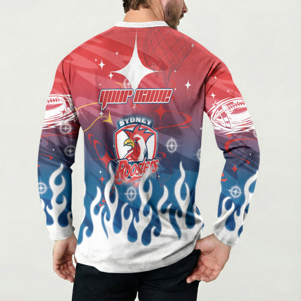 Personalized Sydney Roosters Button Sweatshirt Y2K Grunge Aesthetic With Cyber Flames and Starburst Graphics