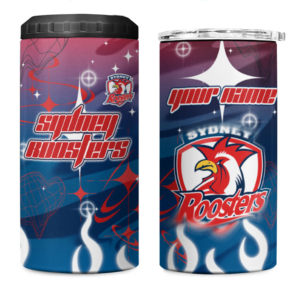Personalized Sydney Roosters 4 in 1 Can Cooler Tumbler Y2K Grunge Aesthetic With Cyber Flames and Starburst Graphics