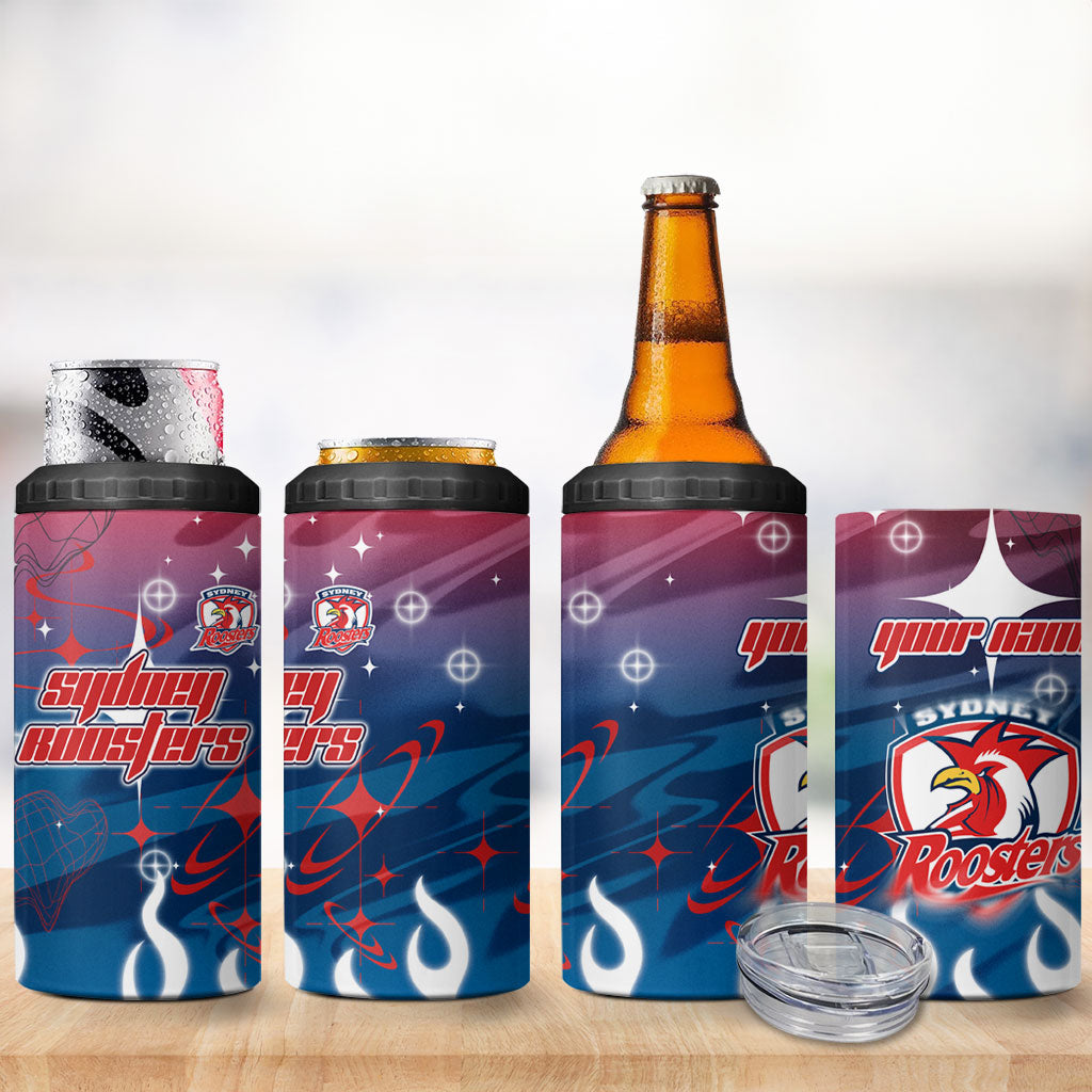 Personalized Sydney Roosters 4 in 1 Can Cooler Tumbler Y2K Grunge Aesthetic With Cyber Flames and Starburst Graphics