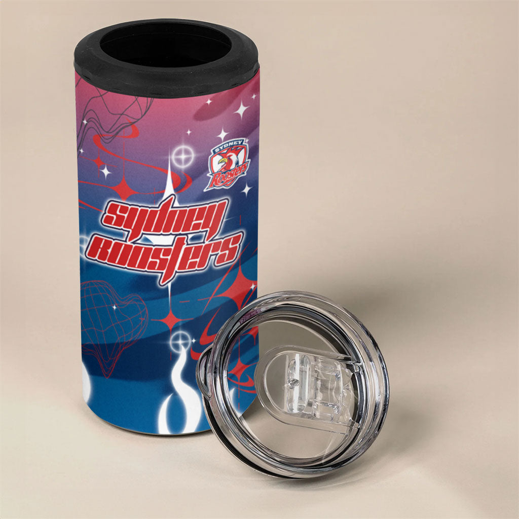 Personalized Sydney Roosters 4 in 1 Can Cooler Tumbler Y2K Grunge Aesthetic With Cyber Flames and Starburst Graphics