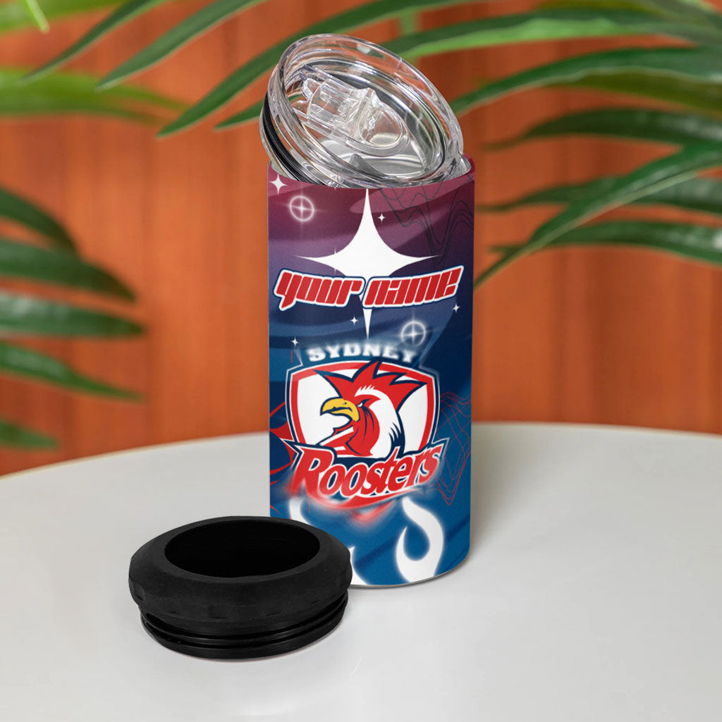 Personalized Sydney Roosters 4 in 1 Can Cooler Tumbler Y2K Grunge Aesthetic With Cyber Flames and Starburst Graphics