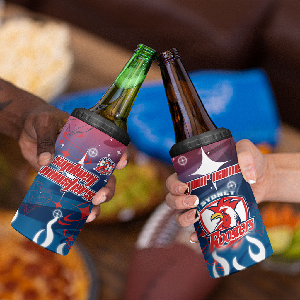 Personalized Sydney Roosters 4 in 1 Can Cooler Tumbler Y2K Grunge Aesthetic With Cyber Flames and Starburst Graphics
